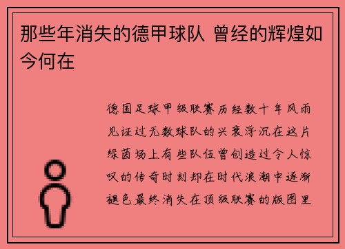 那些年消失的德甲球队 曾经的辉煌如今何在
