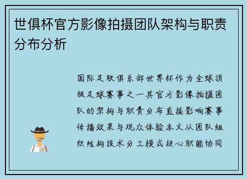 世俱杯官方影像拍摄团队架构与职责分布分析